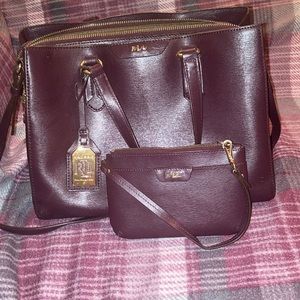 Ralph Lauren Leather Bag & wristlet, plum